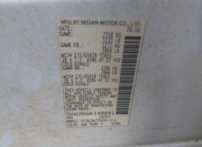 Photo 9 of 2016 Nissan Murano SL (VIN 5N1AZ2MG6GN149891)