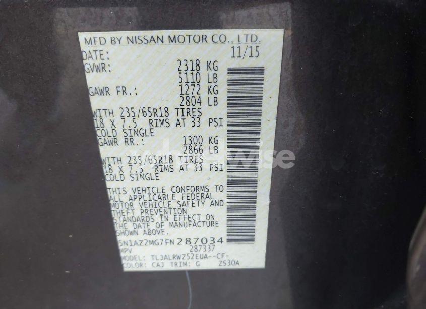 Photo 9 of 2015 Nissan Murano PLATINUM/S/SL/SV (VIN 5N1AZ2MG7FN287034)