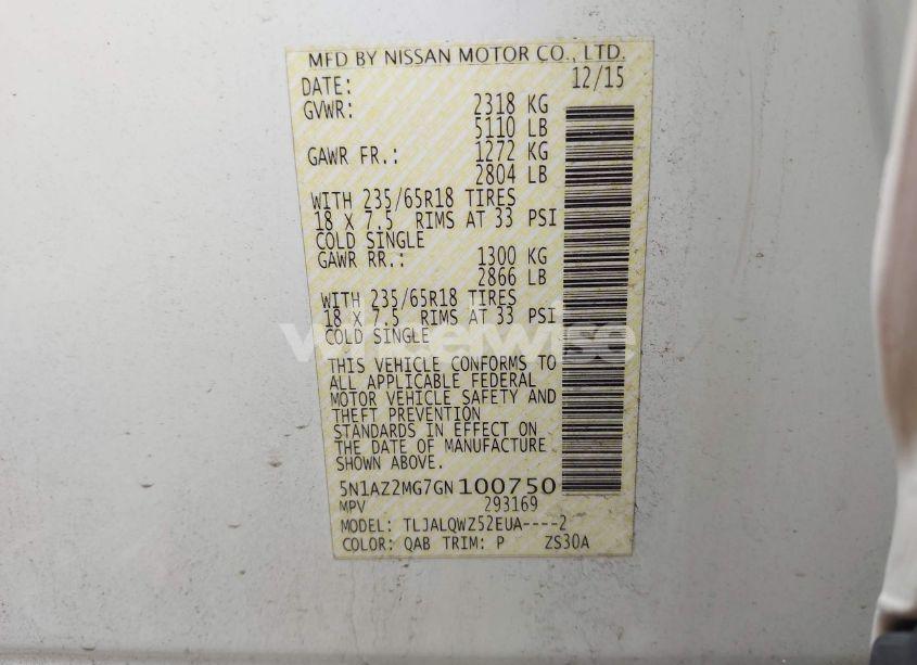 Photo 9 of 2016 Nissan Murano PLATINUM/S/SL/SV (VIN 5N1AZ2MG7GN100750)