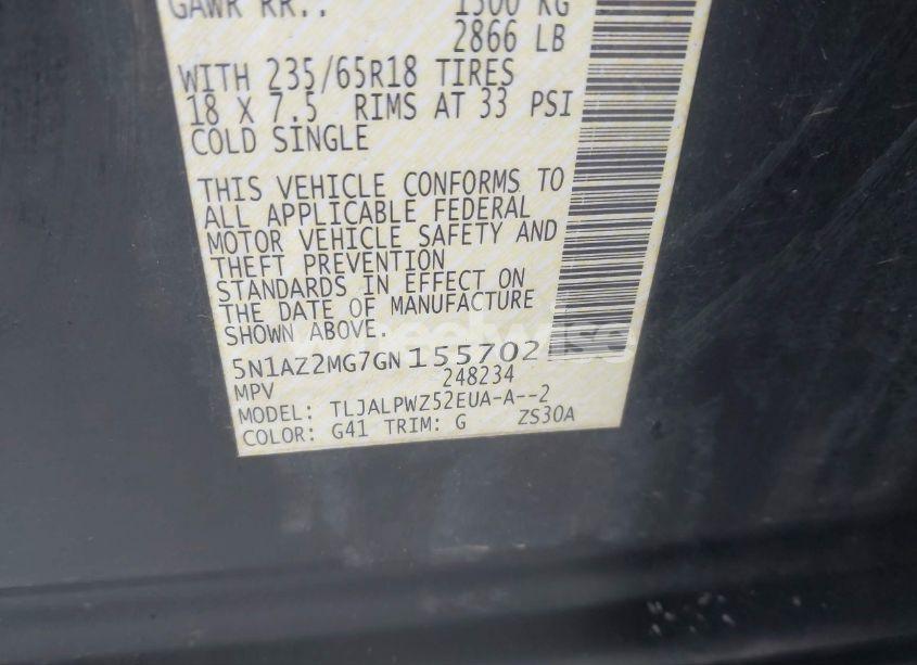 Photo 9 of 2016 Nissan Murano S (VIN 5N1AZ2MG7GN155702)