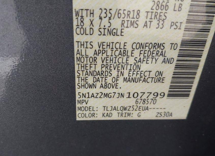 Photo 9 of 2018 Nissan Murano SV (VIN 5N1AZ2MG7JN107799)