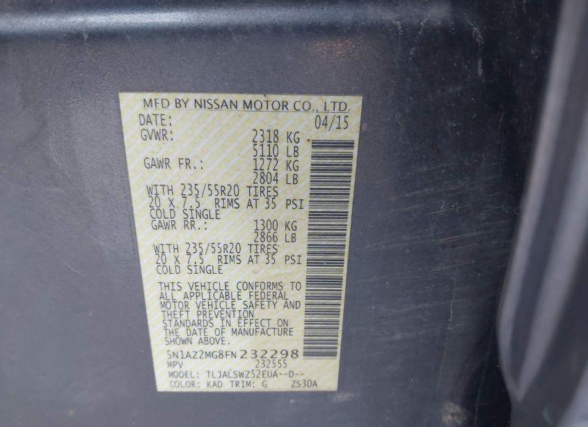 Photo 9 of 2015 Nissan Murano PLATINUM (VIN 5N1AZ2MG8FN232298)