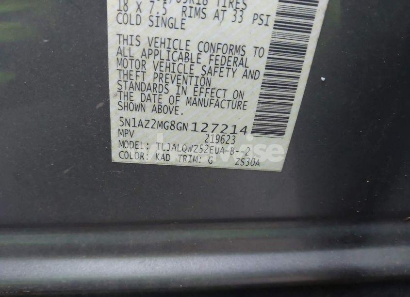 Photo 9 of 2016 Nissan Murano SV (VIN 5N1AZ2MG8GN127214)