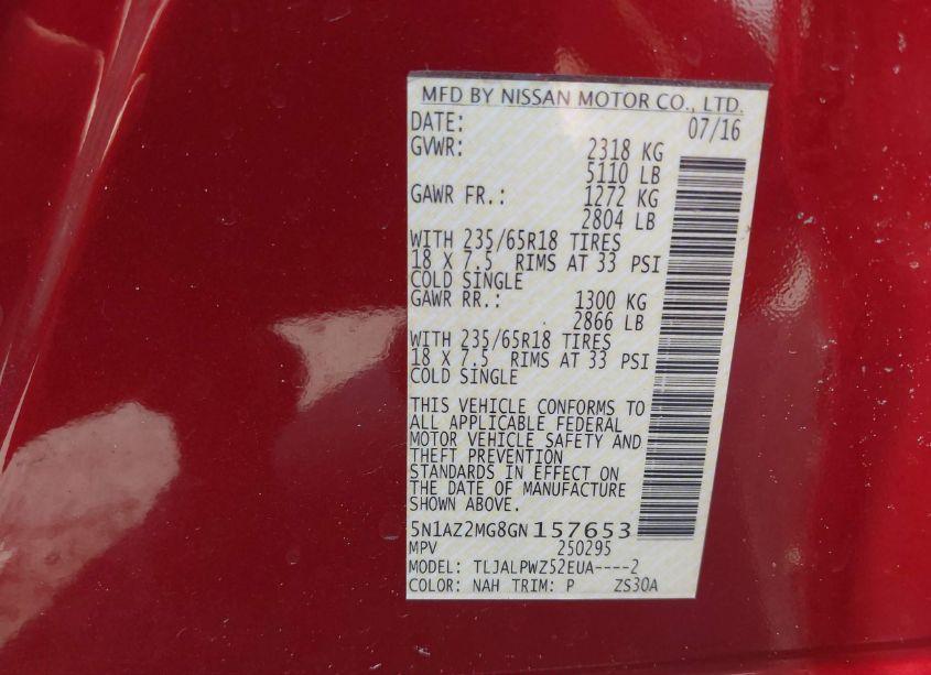 Photo 9 of 2016 Nissan Murano S (VIN 5N1AZ2MG8GN157653)