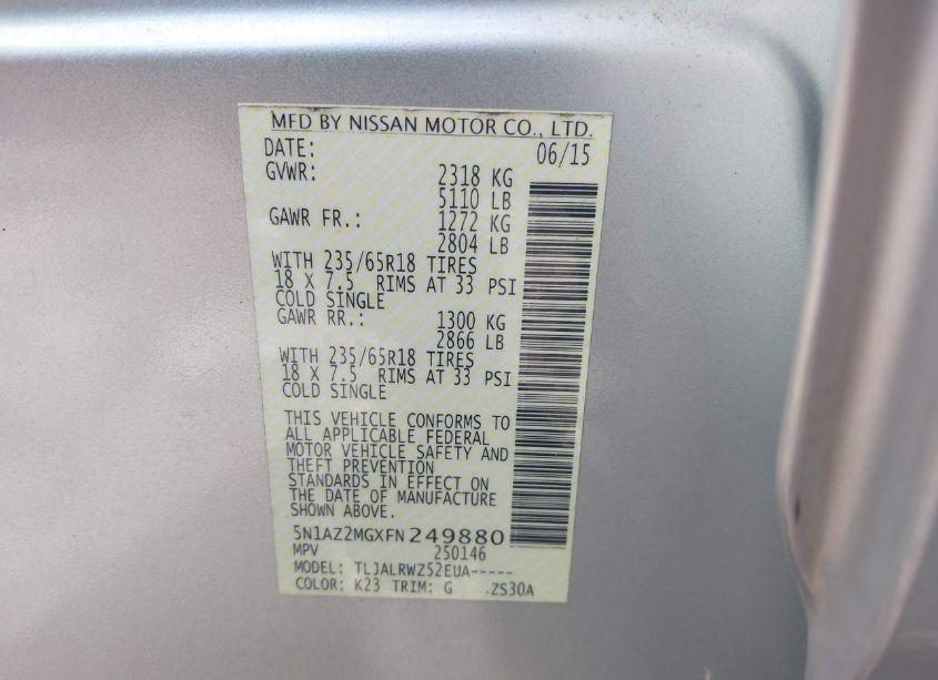 Photo 9 of 2015 Nissan Murano SL (VIN 5N1AZ2MGXFN249880)