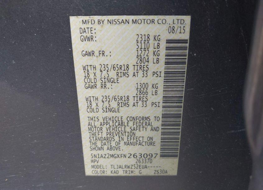 Photo 9 of 2015 Nissan Murano SL (VIN 5N1AZ2MGXFN263097)