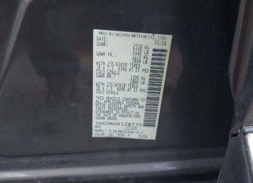 Photo 9 of 2016 Nissan Murano SL (VIN 5N1AZ2MGXGN128770)