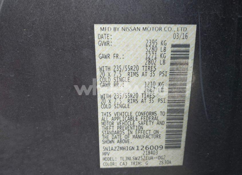 Photo 9 of 2016 Nissan Murano PLATINUM (VIN 5N1AZ2MH1GN126009)