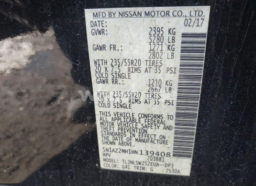 Photo 9 of 2017 Nissan Murano PLATINUM (VIN 5N1AZ2MH1HN139408)