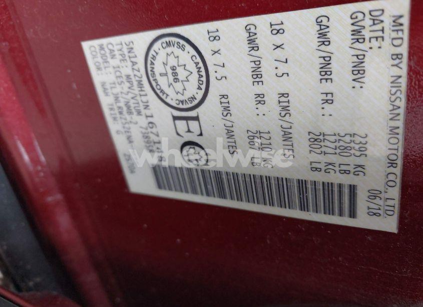 Photo 9 of 2018 Nissan Murano PLATINUM/S/SL/SV (VIN 5N1AZ2MH1JN167148)