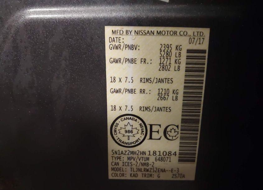 Photo 9 of 2017 Nissan Murano PLATINUM/S/SL/SV (VIN 5N1AZ2MH2HN181084)