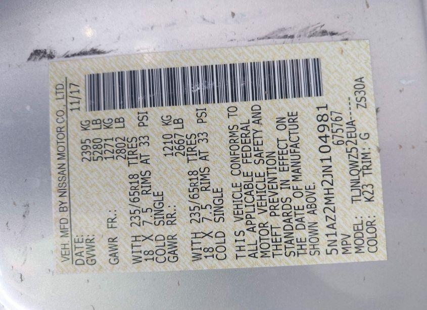 Photo 9 of 2018 Nissan Murano SV (VIN 5N1AZ2MH2JN104981)