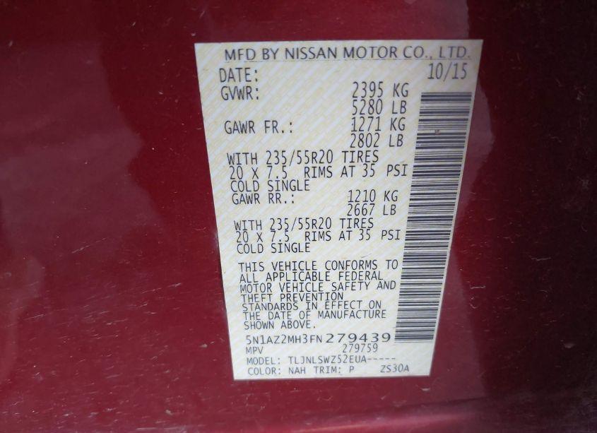 Photo 9 of 2015 Nissan Murano PLATINUM (VIN 5N1AZ2MH3FN279439)