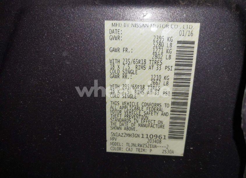 Photo 9 of 2016 Nissan Murano SL (VIN 5N1AZ2MH3GN110961)