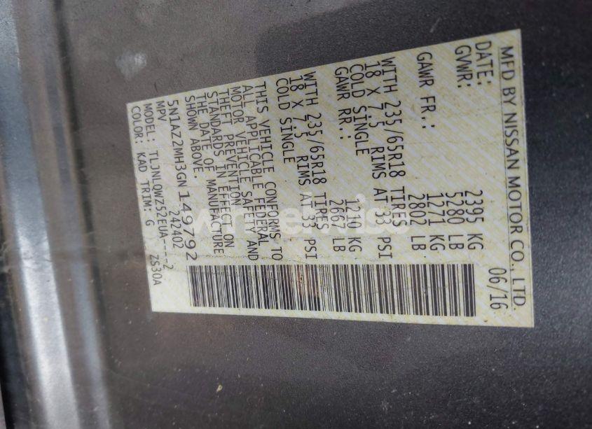 Photo 9 of 2016 Nissan Murano SV (VIN 5N1AZ2MH3GN149792)