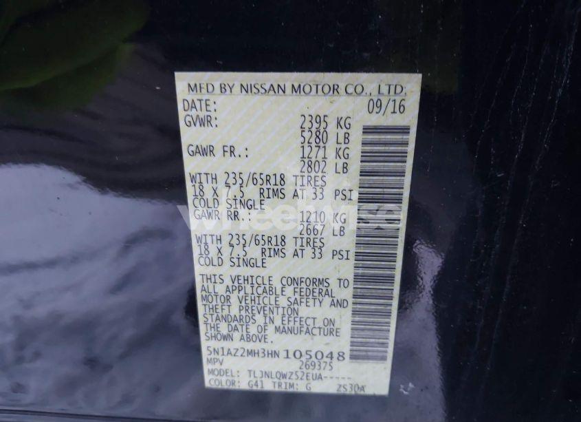 Photo 9 of 2017 Nissan Murano PLATINUM/S/SL/SV (VIN 5N1AZ2MH3HN105048)