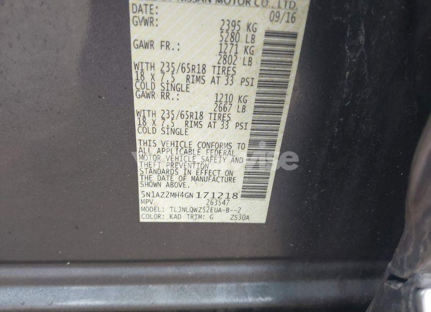 Photo 9 of 2016 Nissan Murano SV (VIN 5N1AZ2MH4GN171218)