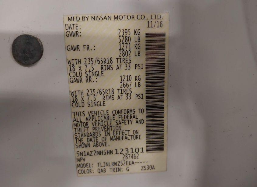 Photo 9 of 2017 Nissan Murano SL (VIN 5N1AZ2MH5HN123101)