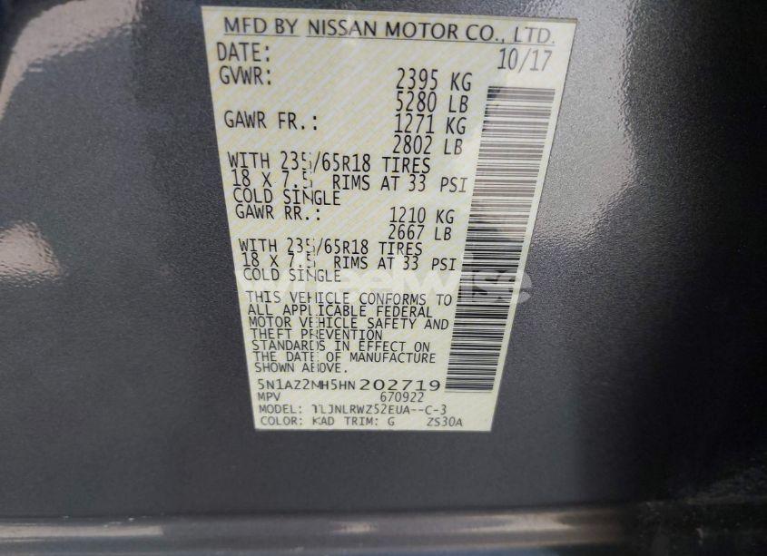 Photo 9 of 2017 Nissan Murano SL (VIN 5N1AZ2MH5HN202719)