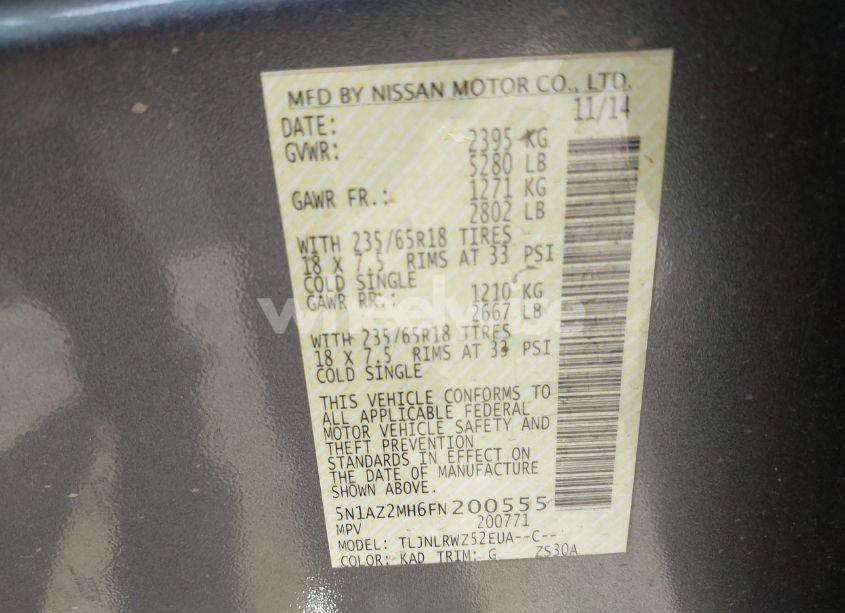 Photo 9 of 2015 Nissan Murano PLATINUM/S/SL/SV (VIN 5N1AZ2MH6FN200555)