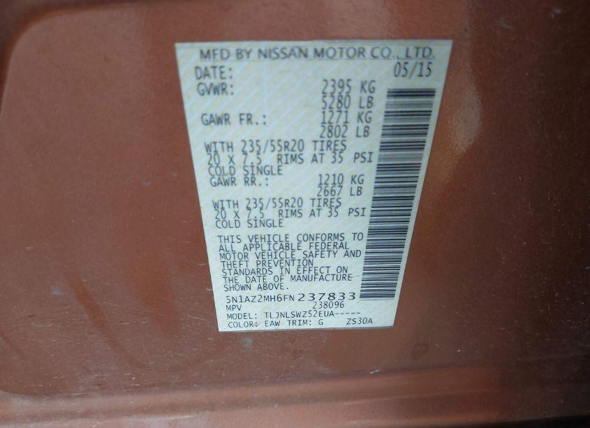 Photo 9 of 2015 Nissan Murano PLATINUM/S/SL/SV (VIN 5N1AZ2MH6FN237833)