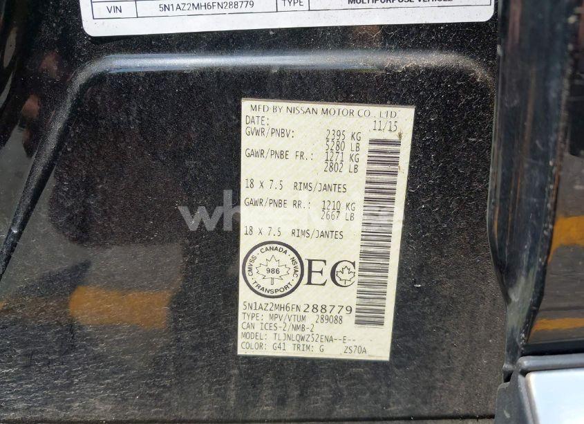 Photo 9 of 2015 Nissan Murano PLATINUM/S/SL/SV (VIN 5N1AZ2MH6FN288779)