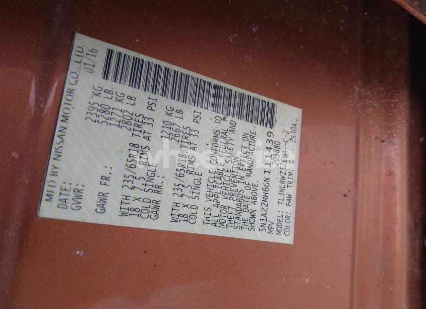 Photo 9 of 2016 Nissan Murano SL (VIN 5N1AZ2MH6GN111439)