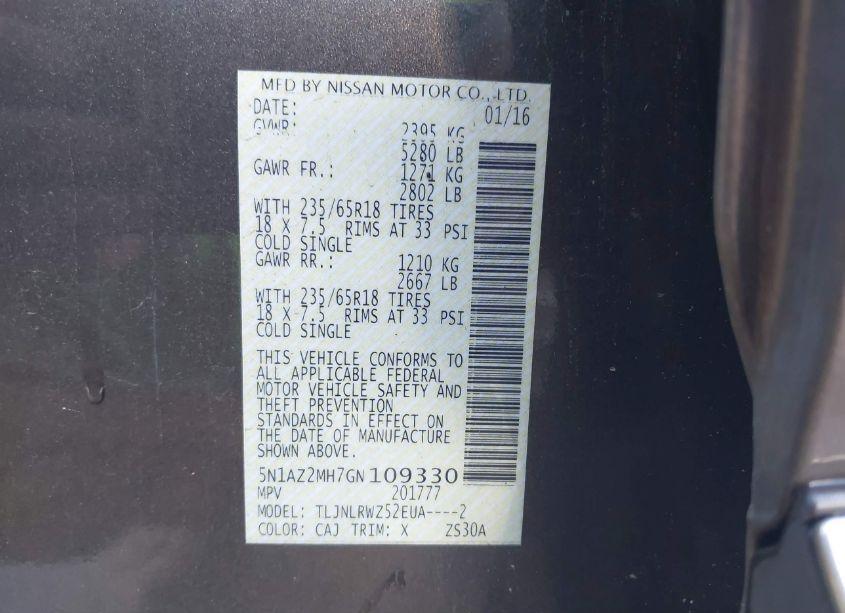 Photo 9 of 2016 Nissan Murano SL (VIN 5N1AZ2MH7GN109330)