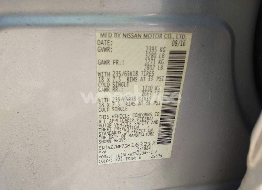 Photo 9 of 2016 Nissan Murano SL (VIN 5N1AZ2MH7GN163212)