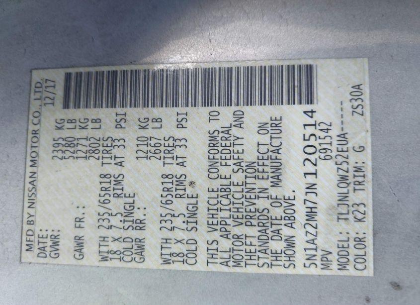 Photo 9 of 2018 Nissan Murano SV (VIN 5N1AZ2MH7JN120514)