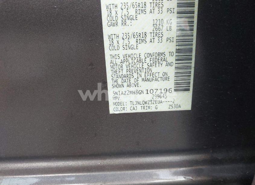 Photo 9 of 2016 Nissan Murano PLATINUM/S/SL/SV (VIN 5N1AZ2MH8GN107196)