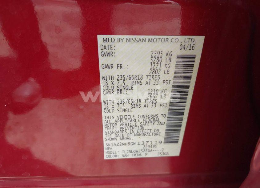 Photo 9 of 2016 Nissan Murano SV (VIN 5N1AZ2MH8GN137119)