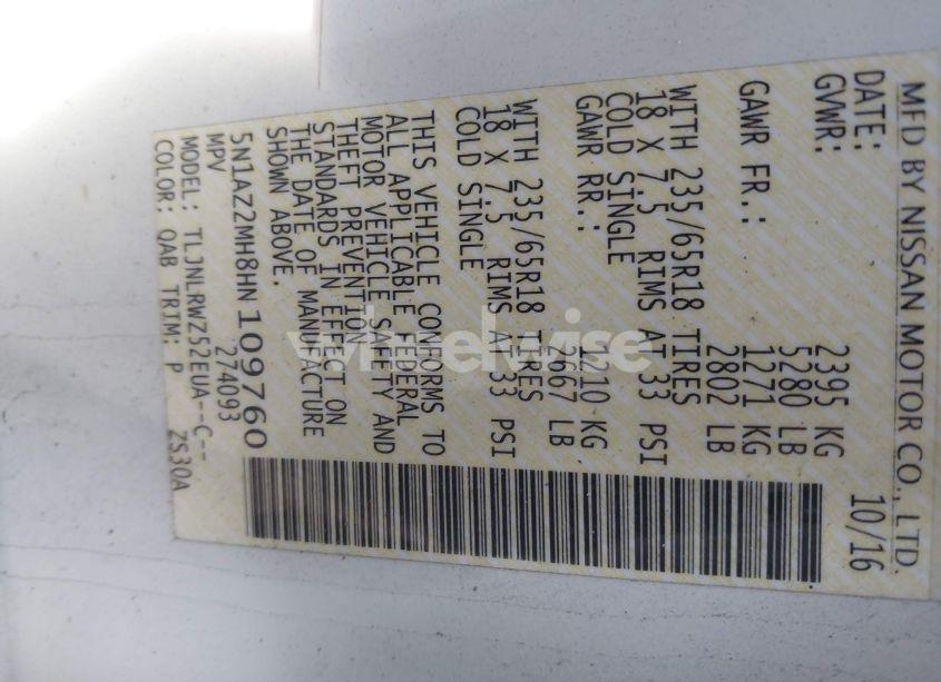 Photo 9 of 2017 Nissan Murano SL (VIN 5N1AZ2MH8HN109760)