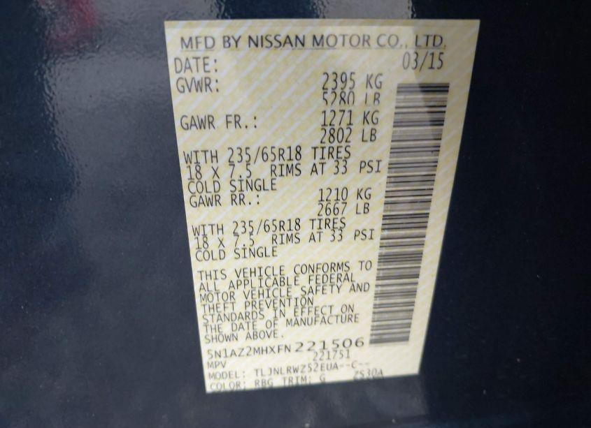 Photo 9 of 2015 Nissan Murano S/SL/SV/PLATINUM (VIN 5N1AZ2MHXFN221506)