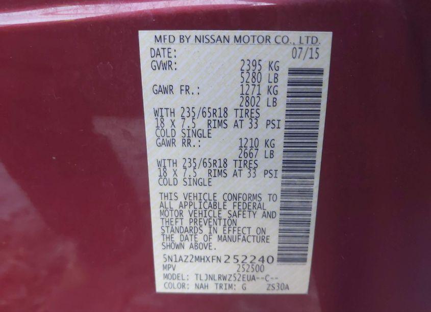 Photo 9 of 2015 Nissan Murano SL (VIN 5N1AZ2MHXFN252240)