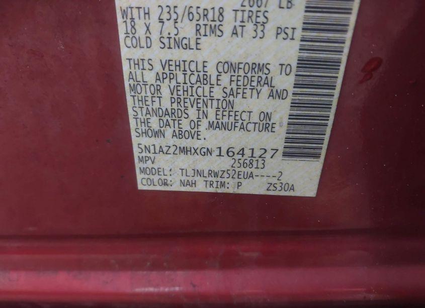 Photo 9 of 2016 Nissan Murano SL (VIN 5N1AZ2MHXGN164127)