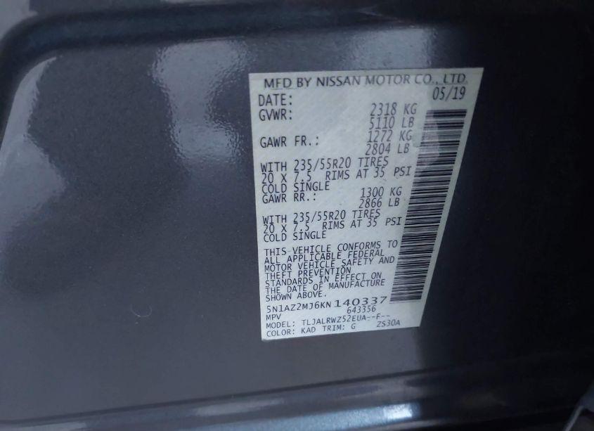 Photo 9 of 2019 Nissan Murano SL (VIN 5N1AZ2MJ6KN140337)