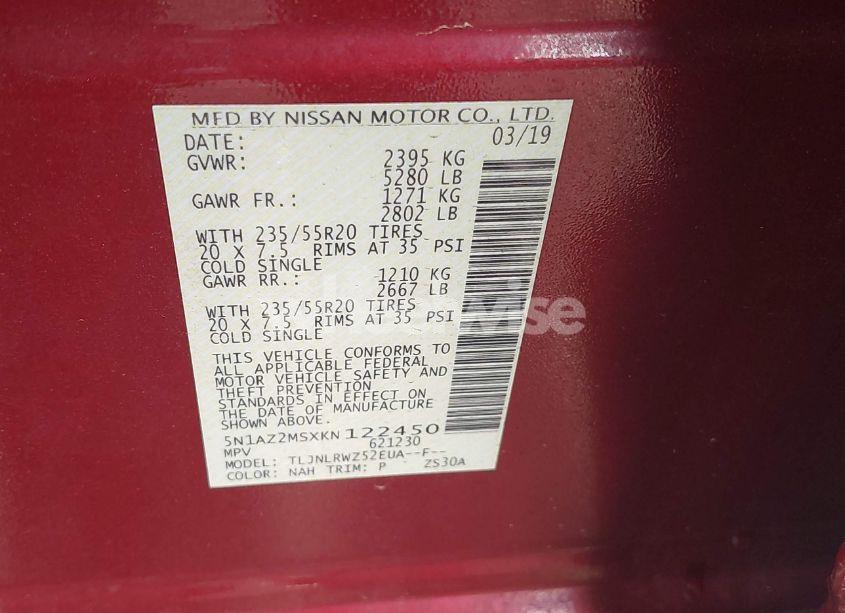 Photo 9 of 2019 Nissan Murano SL (VIN 5N1AZ2MSXKN122450)