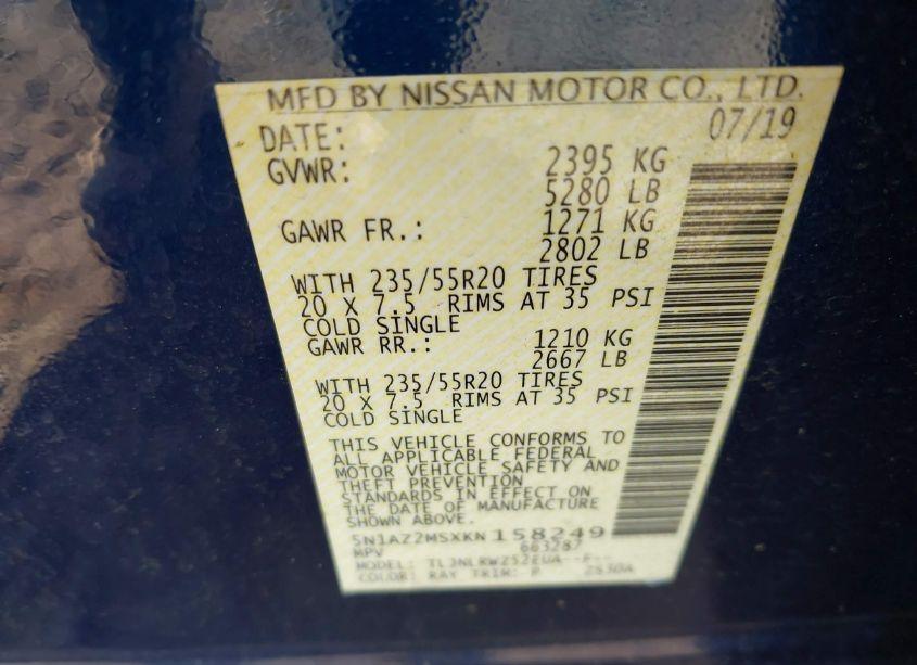 Photo 9 of 2019 Nissan Murano SL (VIN 5N1AZ2MSXKN158249)