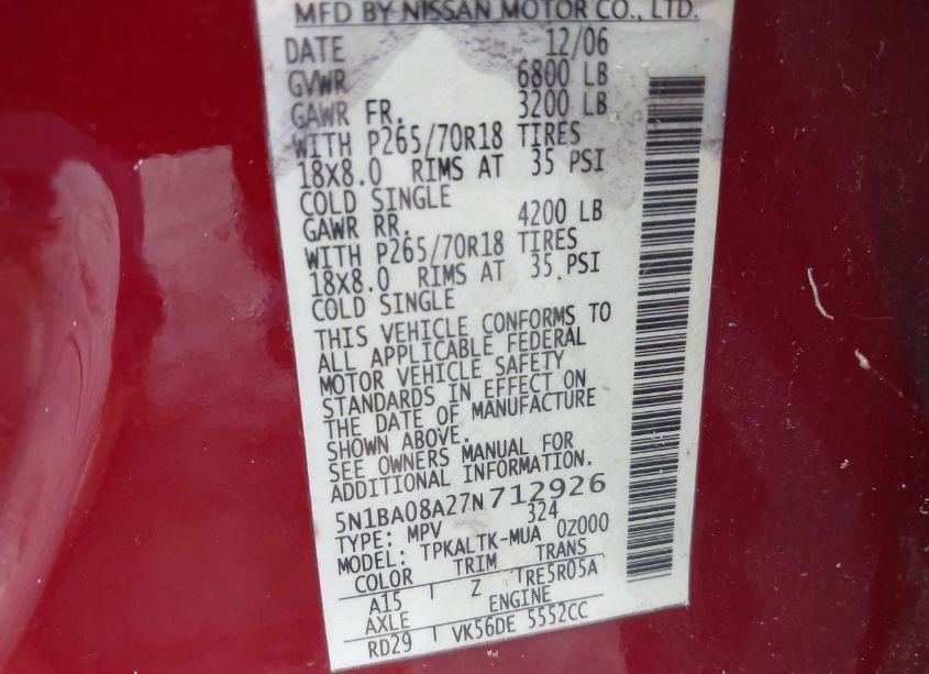 Photo 9 of 2007 Nissan Armada SE (VIN 5N1BA08A27N712926)