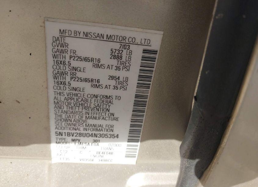 Photo 9 of 2004 Nissan Quest 3.5 S (VIN 5N1BV28U04N305354)