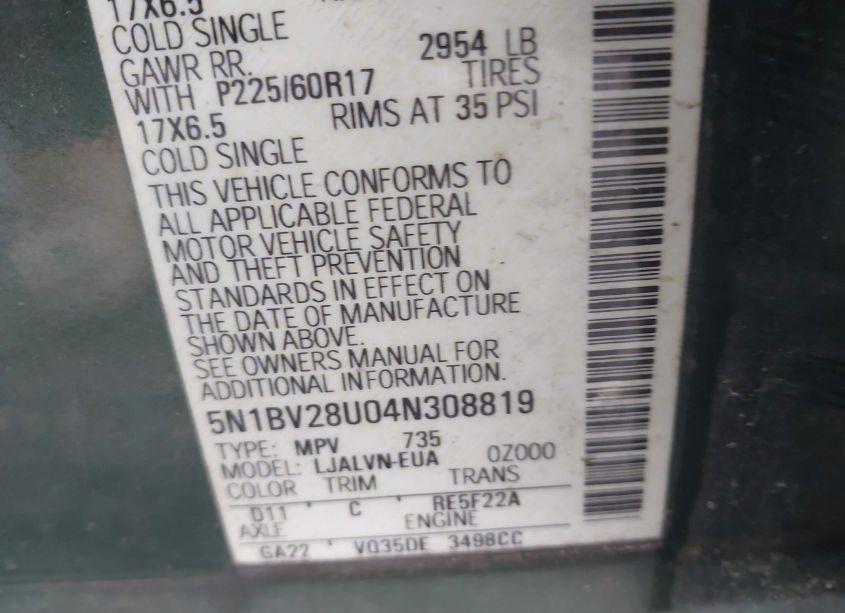 Photo 9 of 2004 Nissan Quest 3.5 SE (VIN 5N1BV28U04N308819)