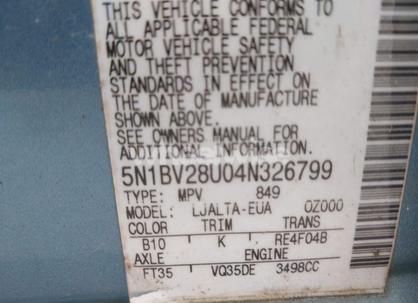 Photo 9 of 2004 Nissan Quest 3.5 SL (VIN 5N1BV28U04N326799)