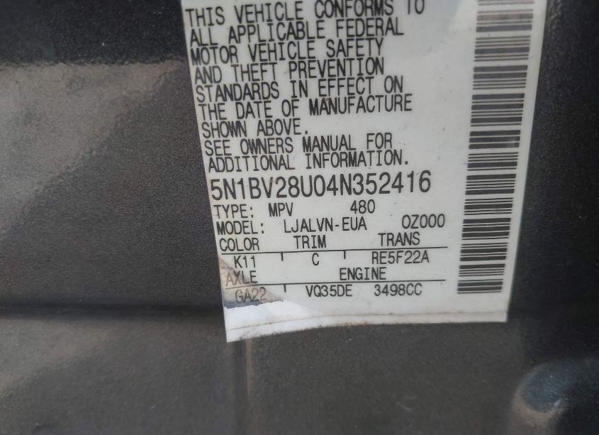 Photo 9 of 2004 Nissan Quest 3.5 SE (VIN 5N1BV28U04N352416)