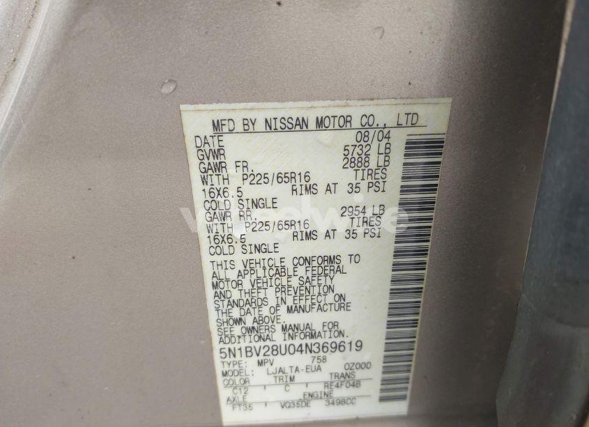 Photo 9 of 2004 Nissan Quest 3.5 SL (VIN 5N1BV28U04N369619)