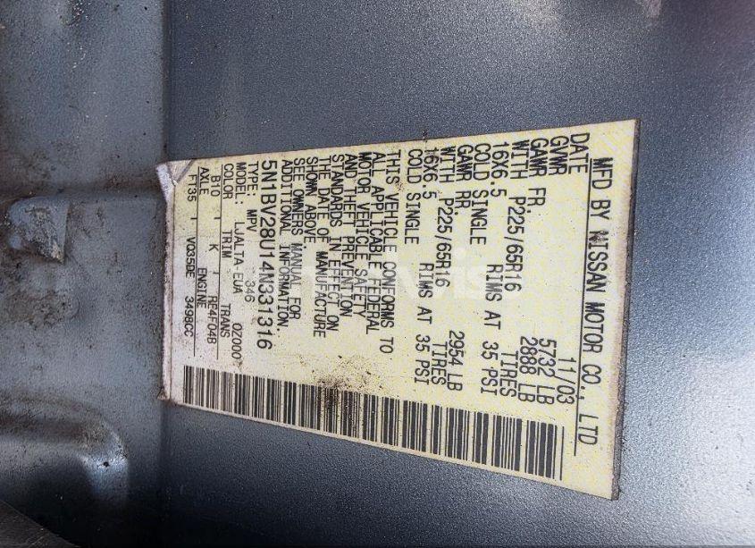 Photo 9 of 2004 Nissan Quest 3.5 SL (VIN 5N1BV28U14N331316)