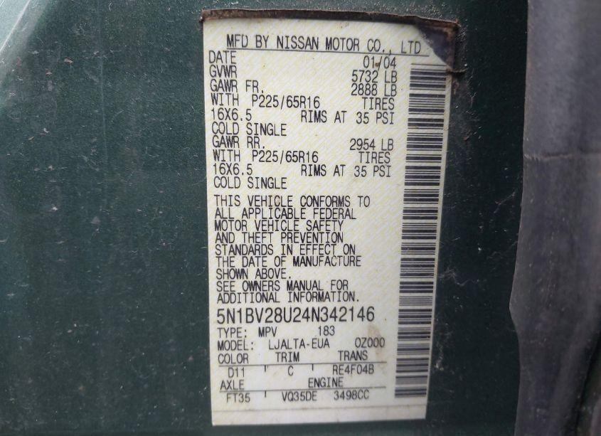 Photo 9 of 2004 Nissan Quest 3.5 SL (VIN 5N1BV28U24N342146)