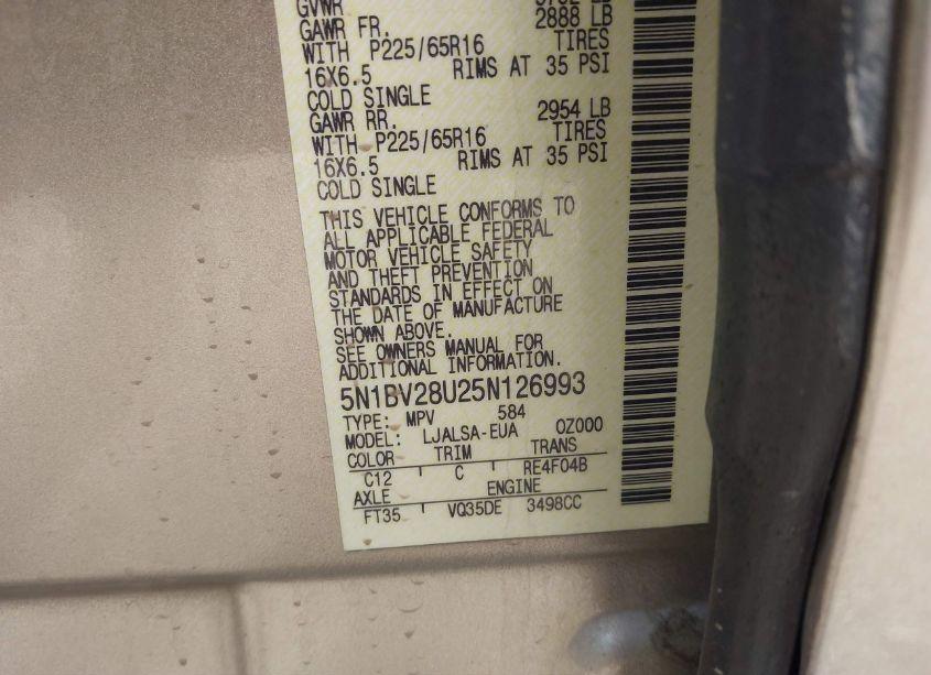 Photo 9 of 2005 Nissan Quest 3.5 (VIN 5N1BV28U25N126993)