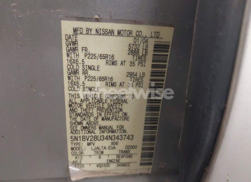 Photo 9 of 2004 Nissan Quest 3.5 SL (VIN 5N1BV28U34N343743)