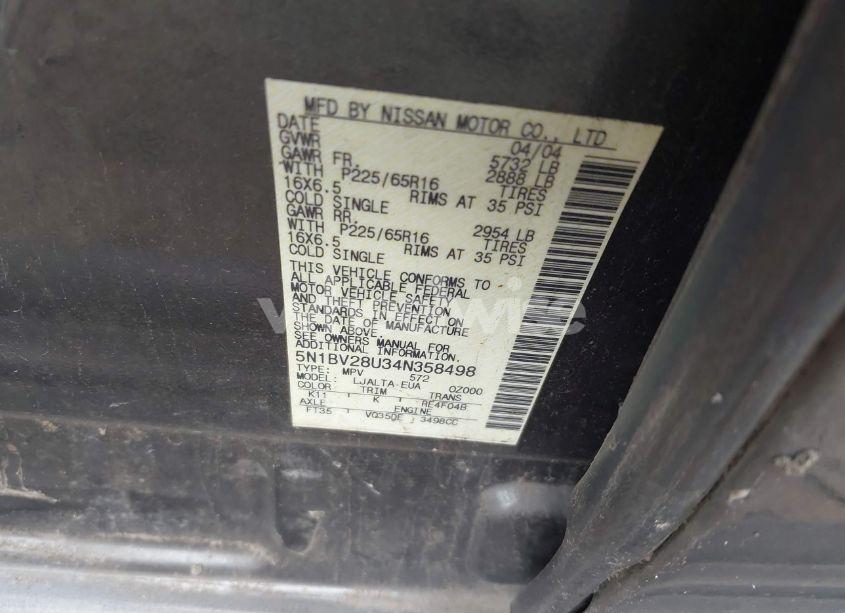 Photo 9 of 2004 Nissan Quest 3.5 SL (VIN 5N1BV28U34N358498)